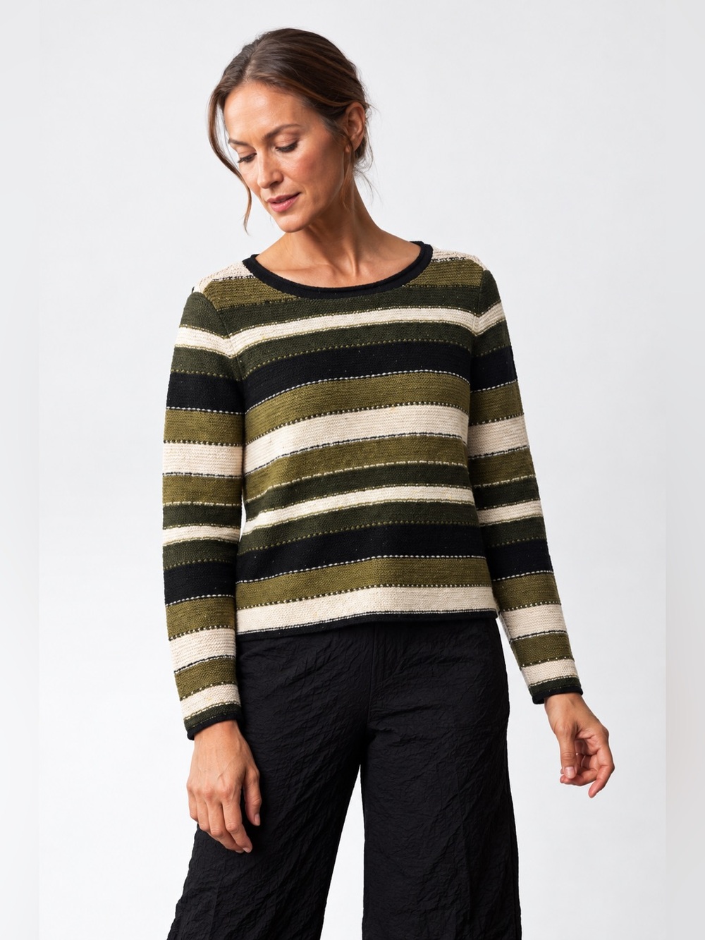 Habitat Striped Textured Knit Sweater Olive Green Black Cream Small